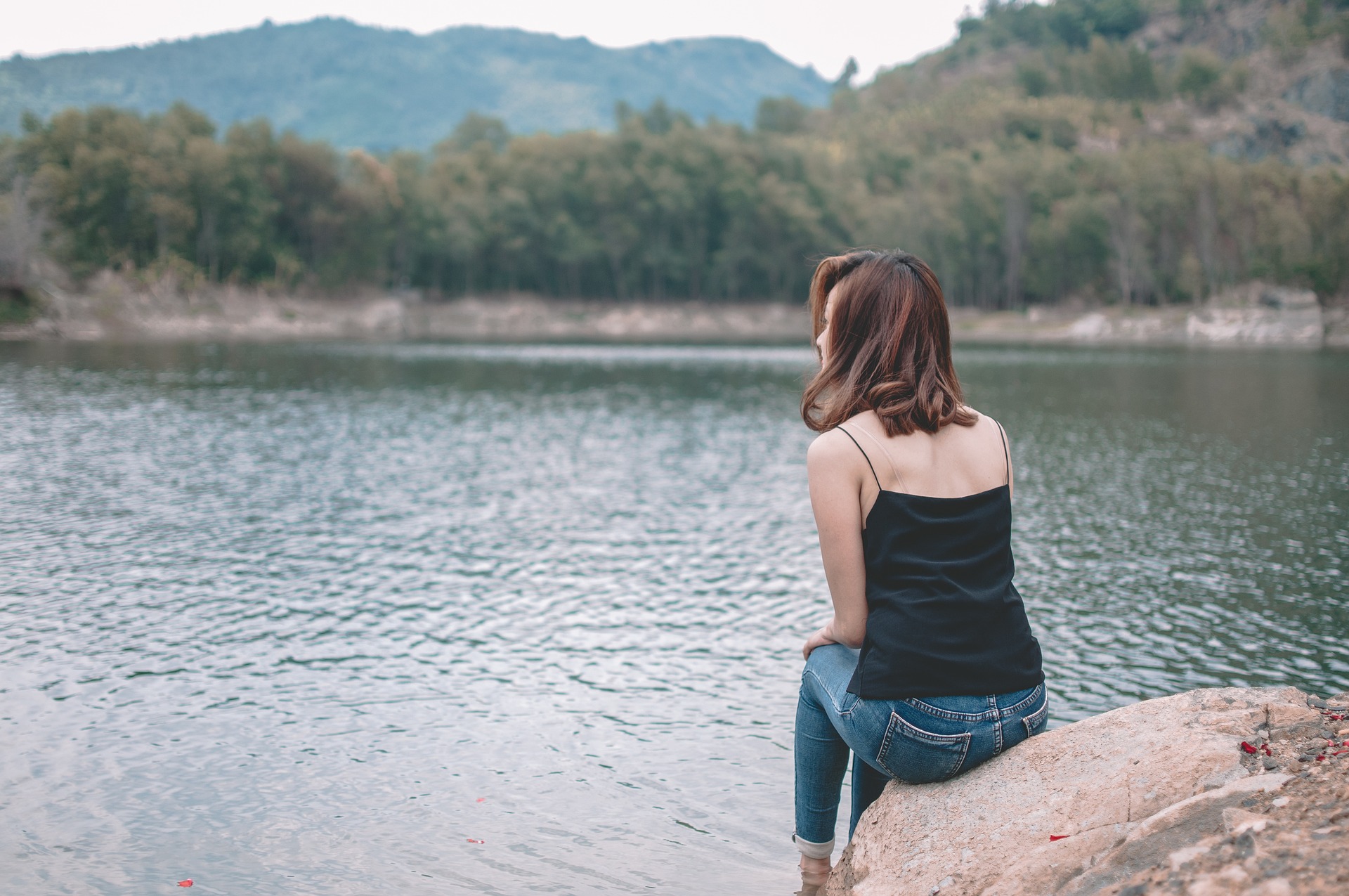 woman, lake, nature